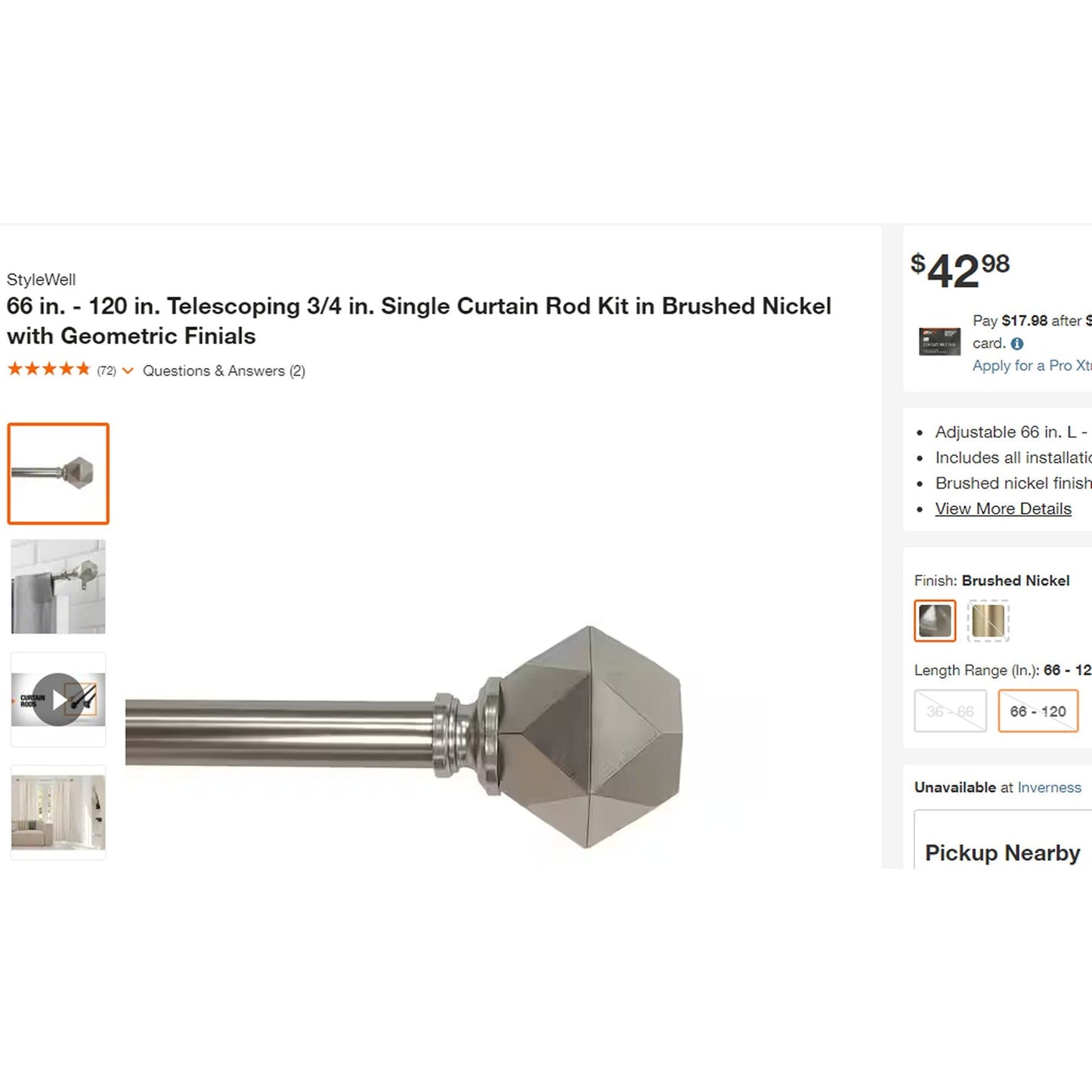 66" - 120" 3/4 in. Single Curtain Rod Kit, Brushed Nickel with Geometric Finials