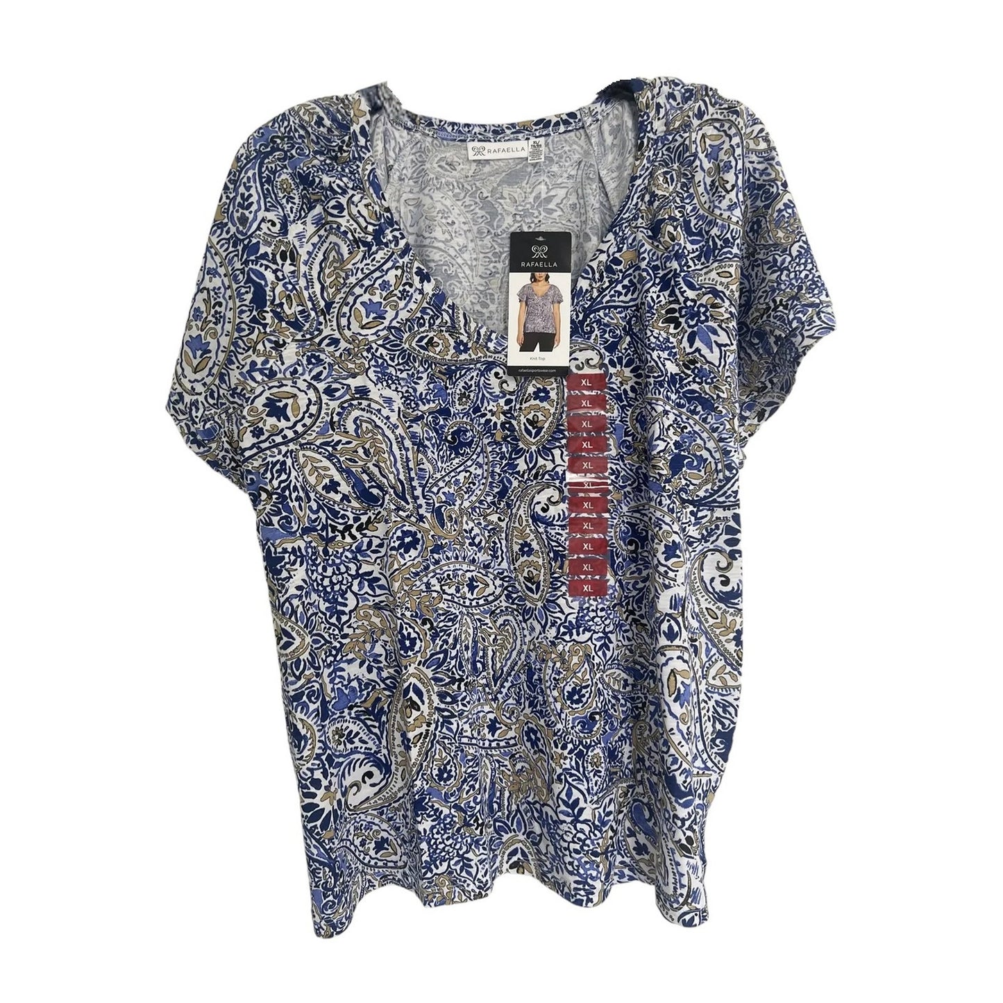 Perry Ellis, Rafaella Sportswear, V-Neck Paisley Blouse, Amparo Blue, X-Large